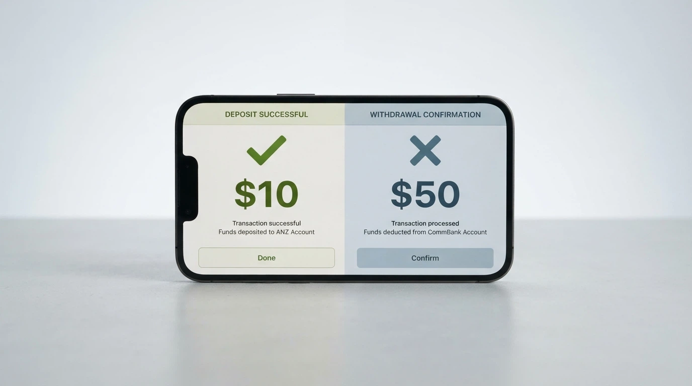 A split-screen showing a deposit confirmation for A$10 beside a withdrawal screen displaying a A$50 minimum
