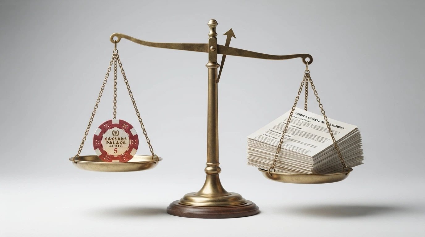 A simple visual showing a one-dollar coin on one side of a scale and a stack of terms-and-conditions documents on the other with the scale tipping toward the paperwork