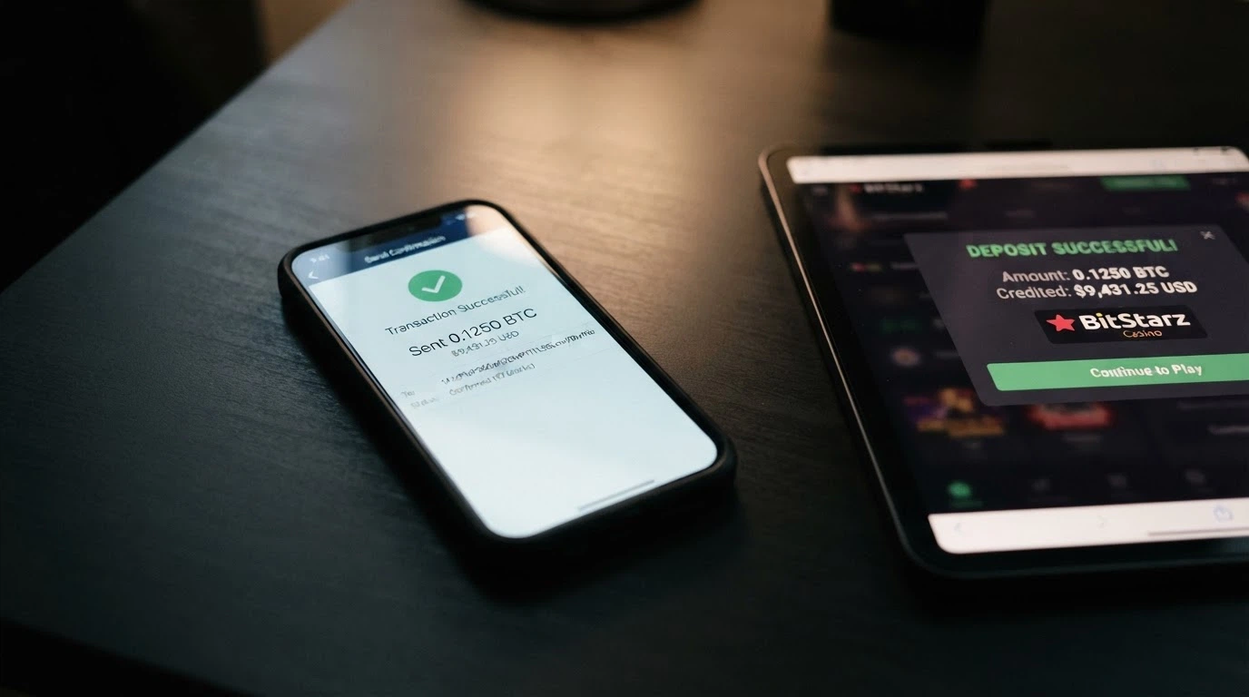 A smartphone displaying an Ethereum wallet send-confirmation screen next to a casino deposit confirmation
