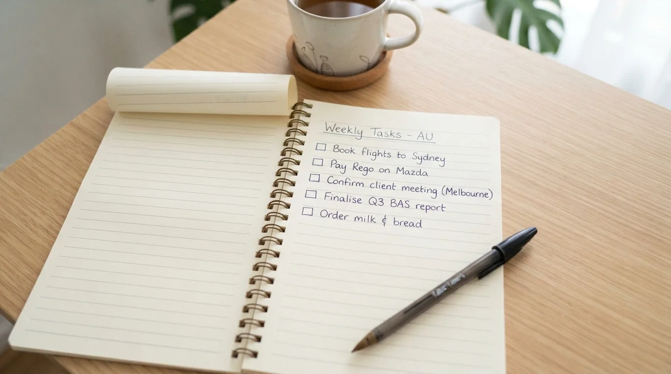 A notepad with a handwritten checklist of evaluation criteria: bonus terms, PayID support, game library, withdrawal speed, ACMA register check, with a pen beside it