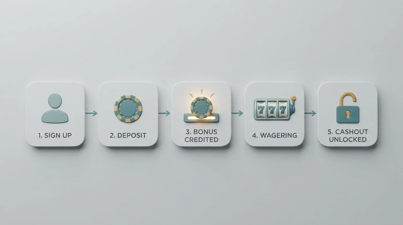 An illustrated flow chart showing the sequence: sign-up → deposit → bonus credited to a separate balance → wagering period begins → cashout unlocked