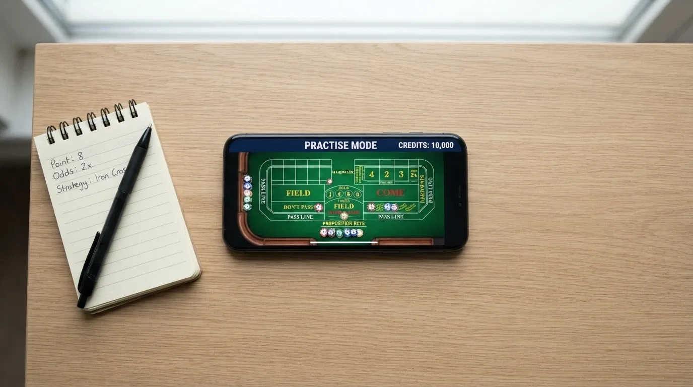 A demo-mode craps table with a play-money balance counter showing 10,000 credits and a practise-mode banner across the top