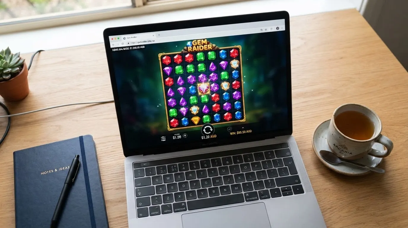 A laptop screen showing a 7-reel grid slot running in a browser with a demo balance displayed, no login prompt visible