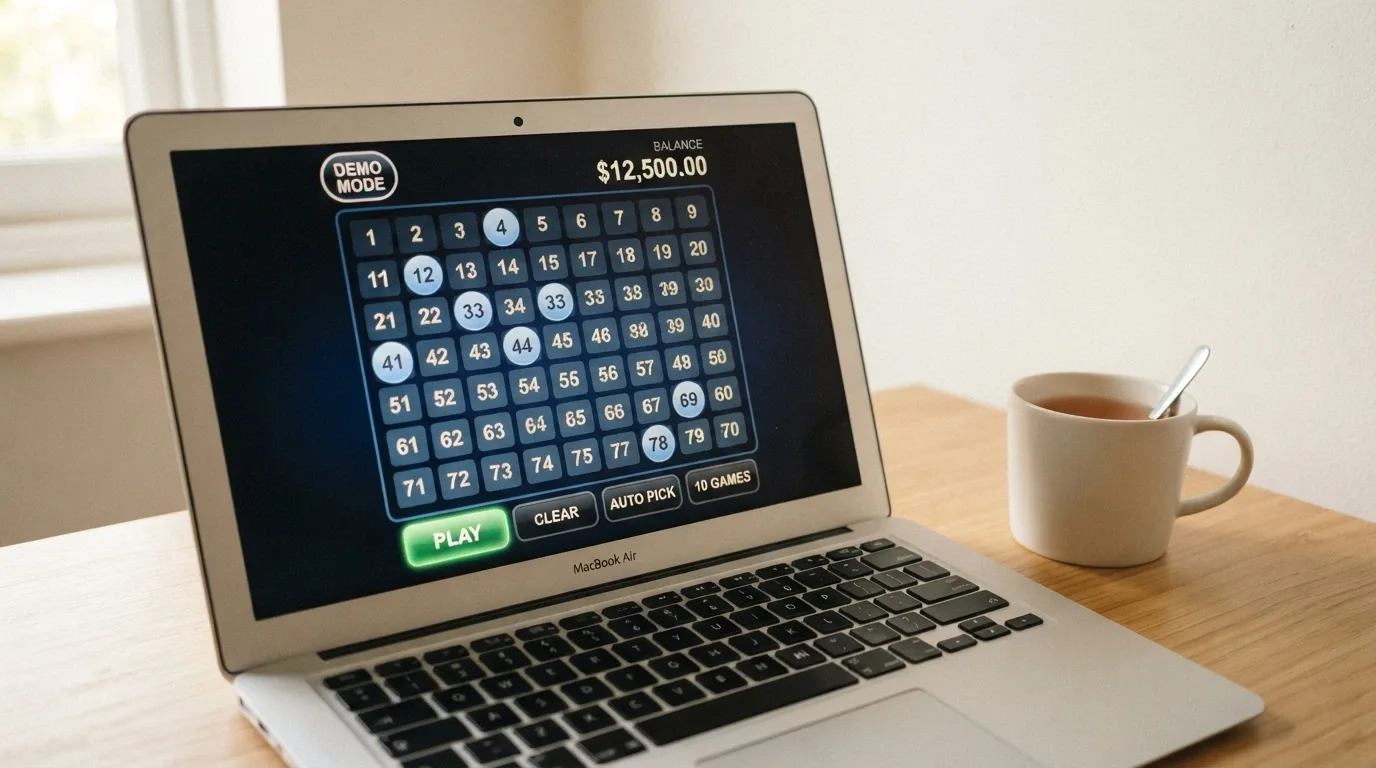 A keno game screen in demo mode showing a virtual-credit balance, a number grid with picks placed, and a clearly labelled Demo or Play-for-Free indicator