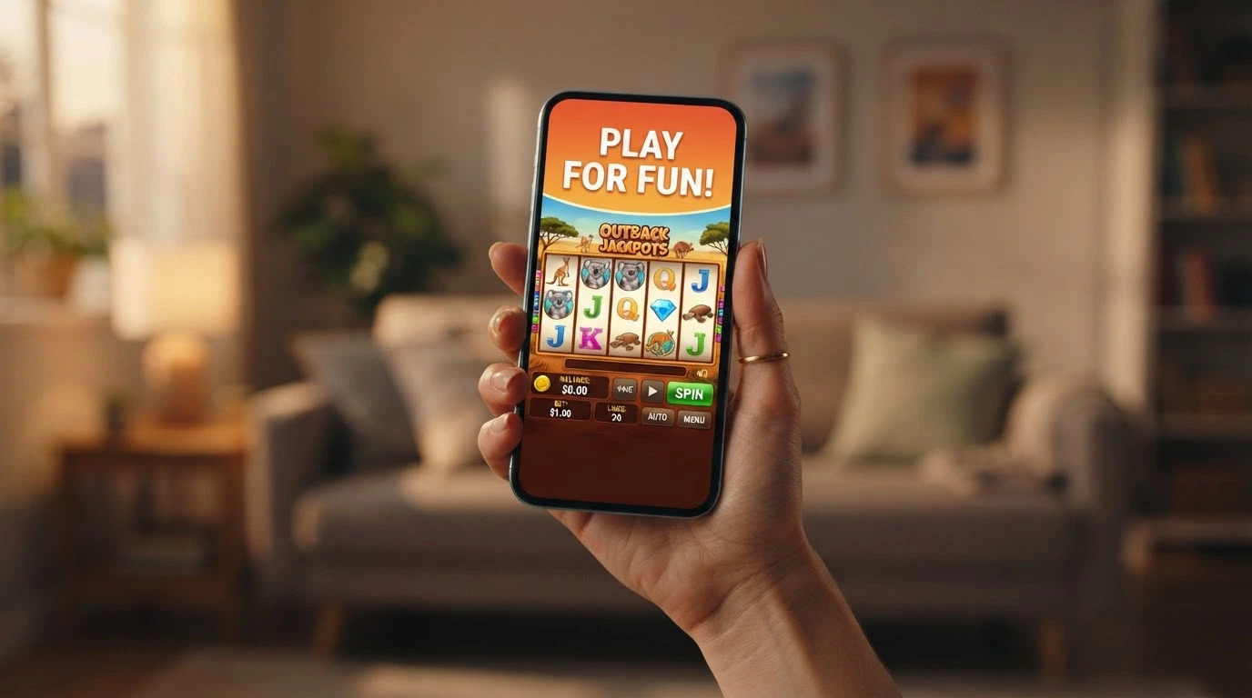 A smartphone showing a demo-mode pokies game with a “Play for Fun” banner and a zero balance