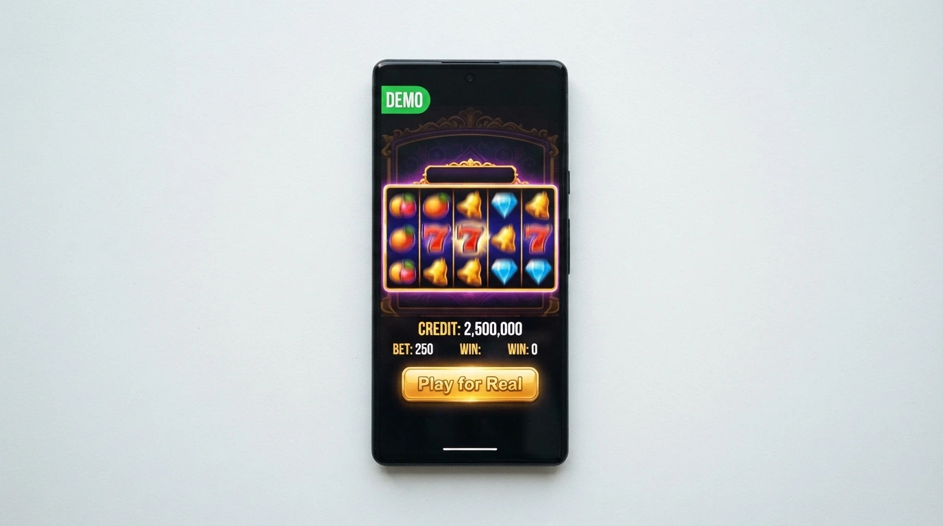 Smartphone screen showing a pokies game in demo mode with a free-credit balance and a switch-to-real-money button