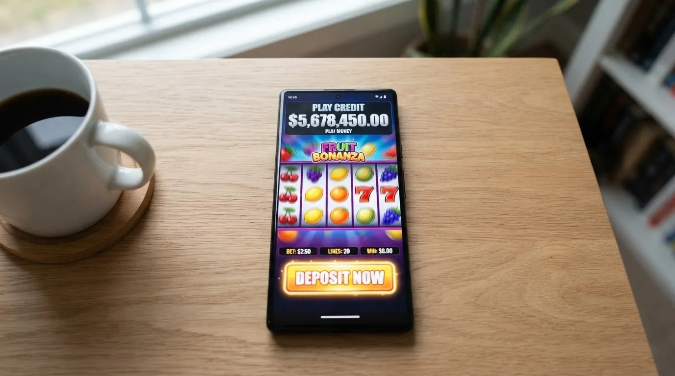 Android phone screen showing a pokies game in demo mode with a large play-money balance and a “Deposit Now” button visible