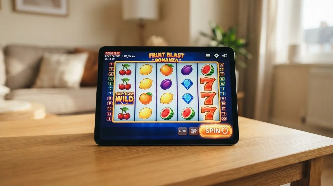 An iPad showing a free-play pokies game in demo mode with a play-money balance counter and the spin button visible