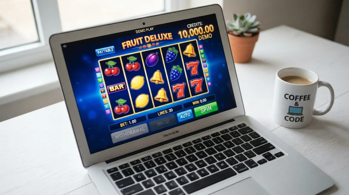 A browser window showing a free-play pokie game with a prominent demo-credit balance and a greyed-out withdrawal button