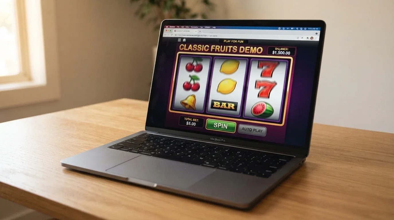 Laptop screen showing a 3-reel pokie in demo mode with a play-money balance displayed, browser address bar visible