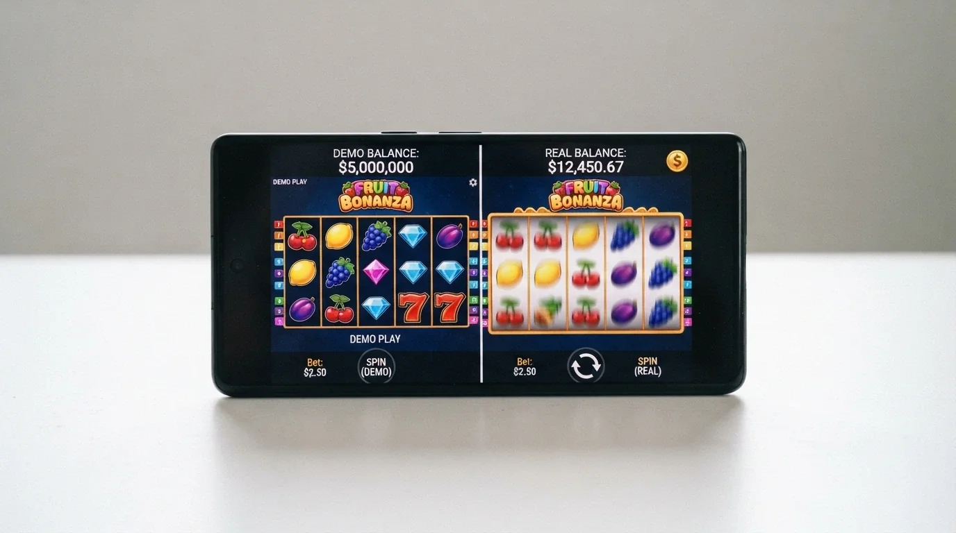 A split-screen showing the same pokies game — one side labelled “Demo” with a play-money balance, the other showing a real-money no-deposit bonus balance