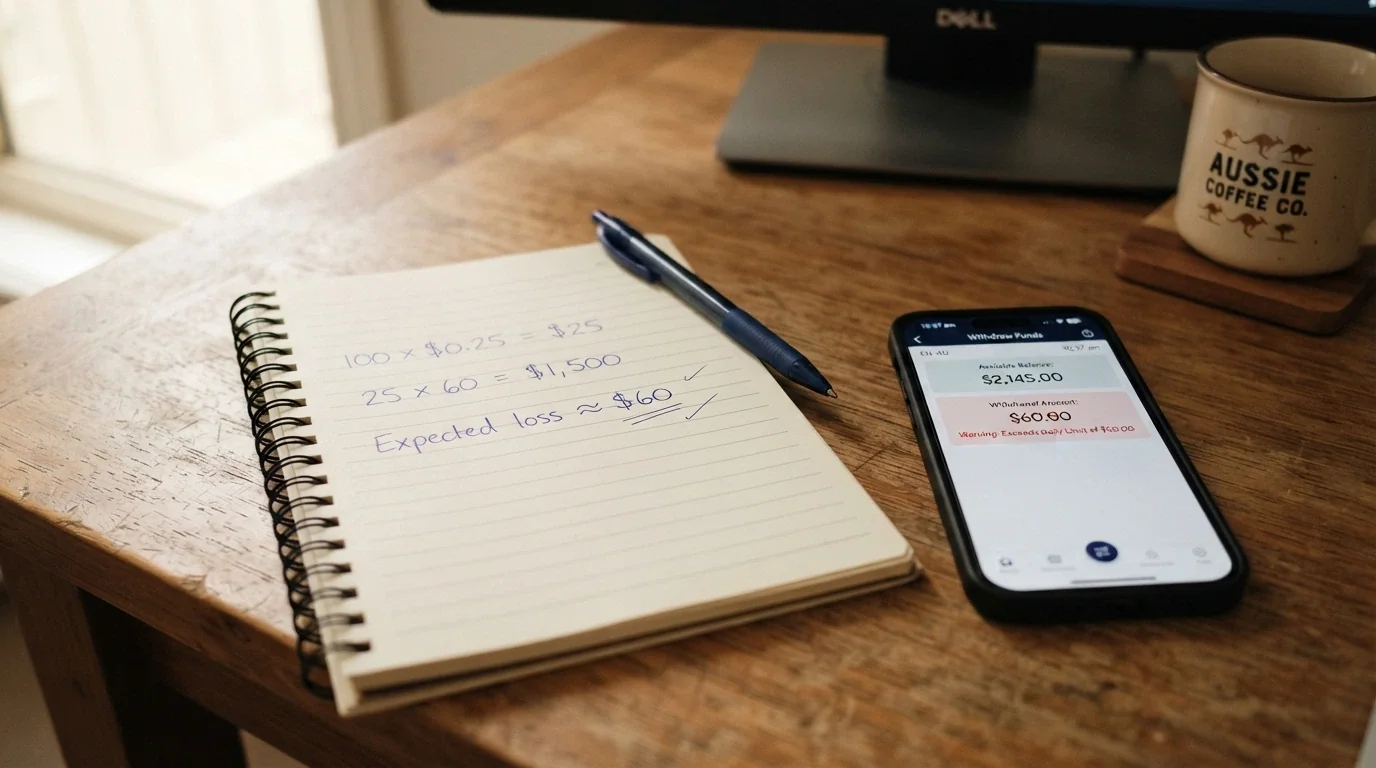 A notepad with handwritten figures: “100 spins × $0.25 = $25 bonus × 60x wagering = $1,500 turnover” next to a smartphone showing a casino withdrawal screen