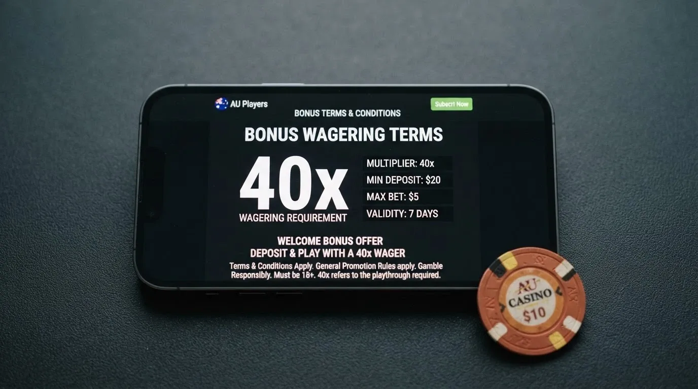 Close-up of wagering requirement terms and conditions on a casino bonus screen