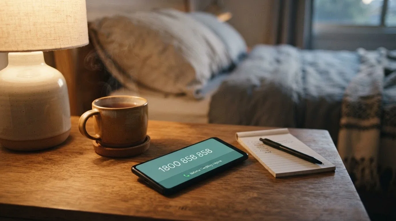 A calm, supportive image of a phone with the number 1800 858 858 on screen, positioned next to a cup of tea or a notepad