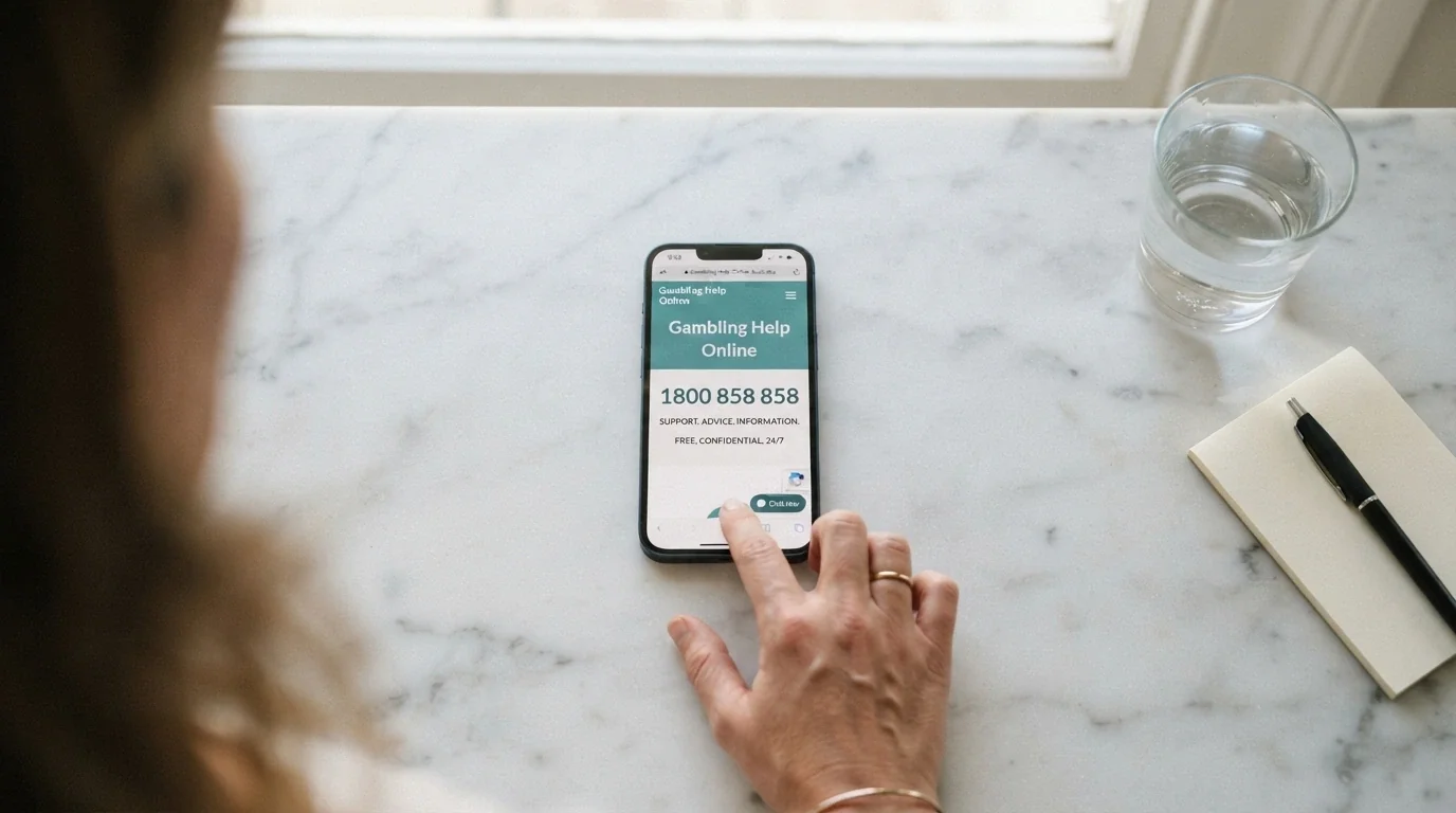 A smartphone screen showing the Gambling Help Online website and the 1800 858 858 helpline number prominently displayed
