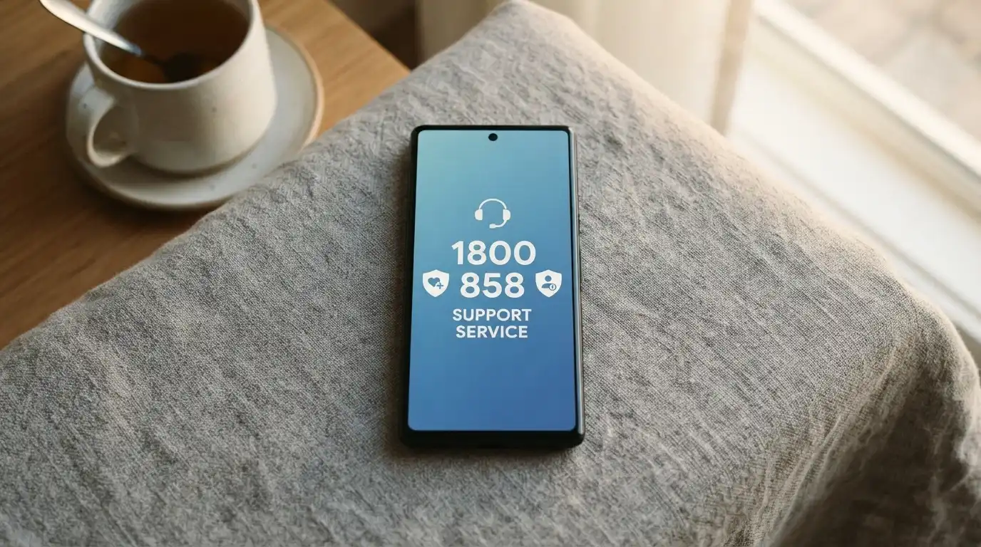 A smartphone screen displaying the number 1800 858 858 alongside the BetStop and Gambling Help Online logos, on a calm blue gradient background with a headset icon.