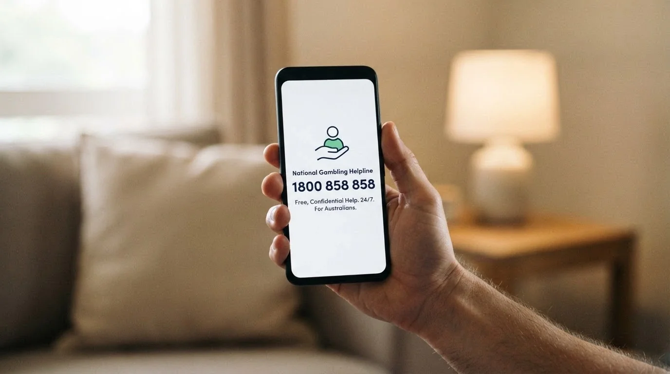 A phone screen showing the National Gambling Helpline number 1800 858 858 with the Gambling Help Online logo, set against a calm, supportive background
