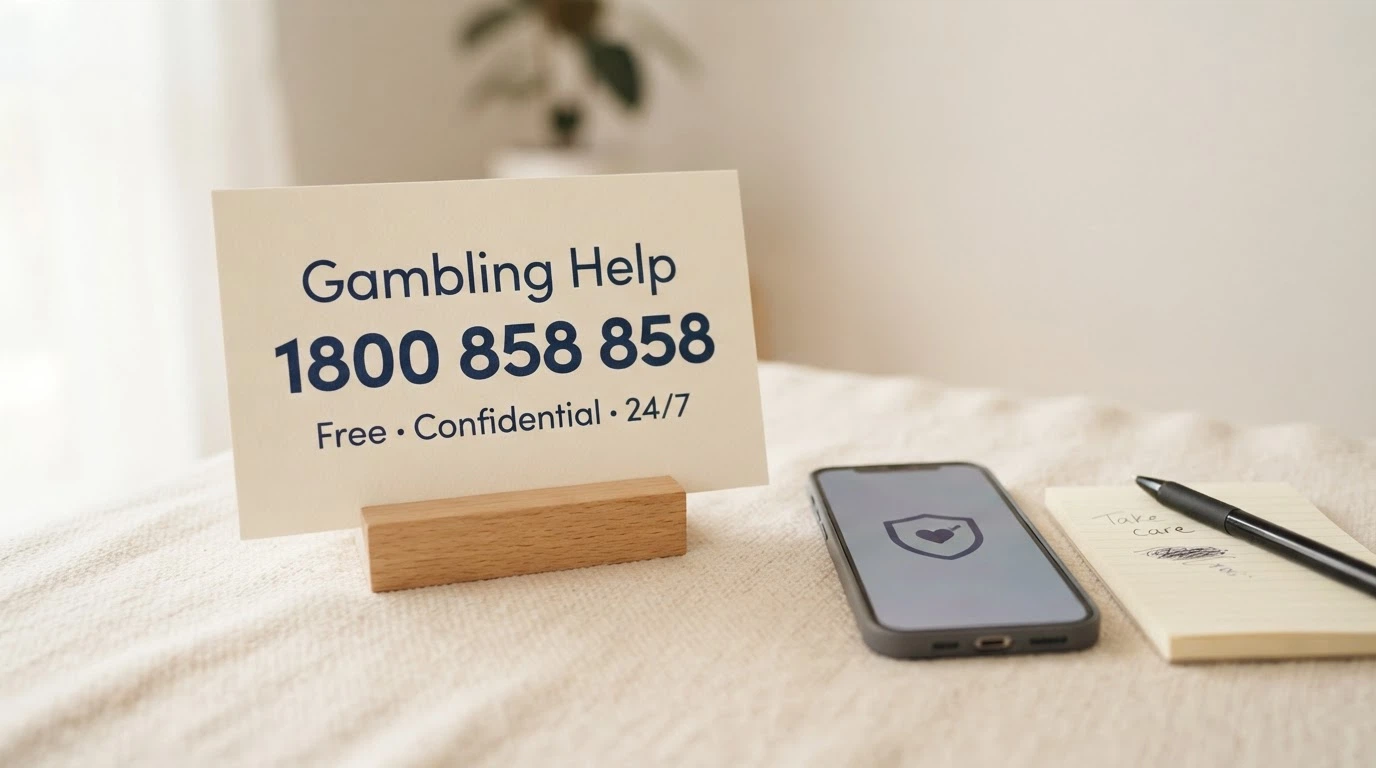 The National Gambling Helpline number (1800 858 858) and Gambling Help Online URL displayed prominently alongside the BetStop logo, on a clean supportive background