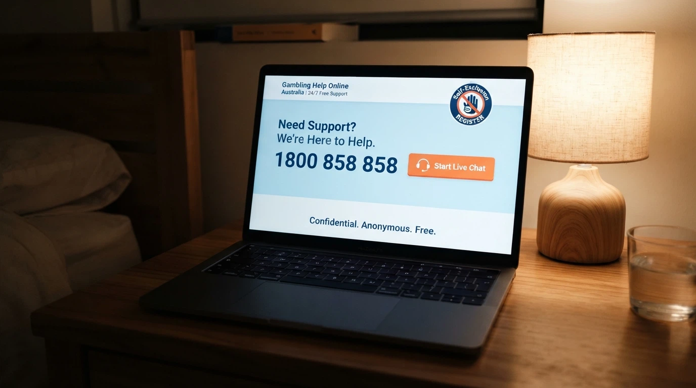 The Gambling Help Online website homepage displaying the 1800 858 858 helpline number prominently alongside a 24/7 live-chat button and the BetStop register logo.