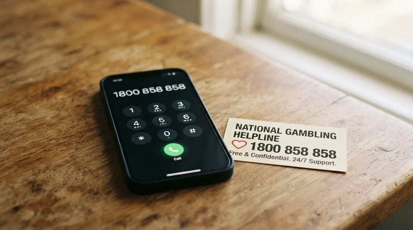 A close-up of a phone keypad with 1800 858 858 partially dialled, the National Gambling Helpline card visible beside it