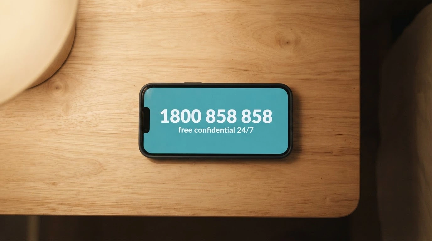 A phone screen displaying 1800 858 858 the National Gambling Helpline number with the words free confidential 24/7 beneath it
