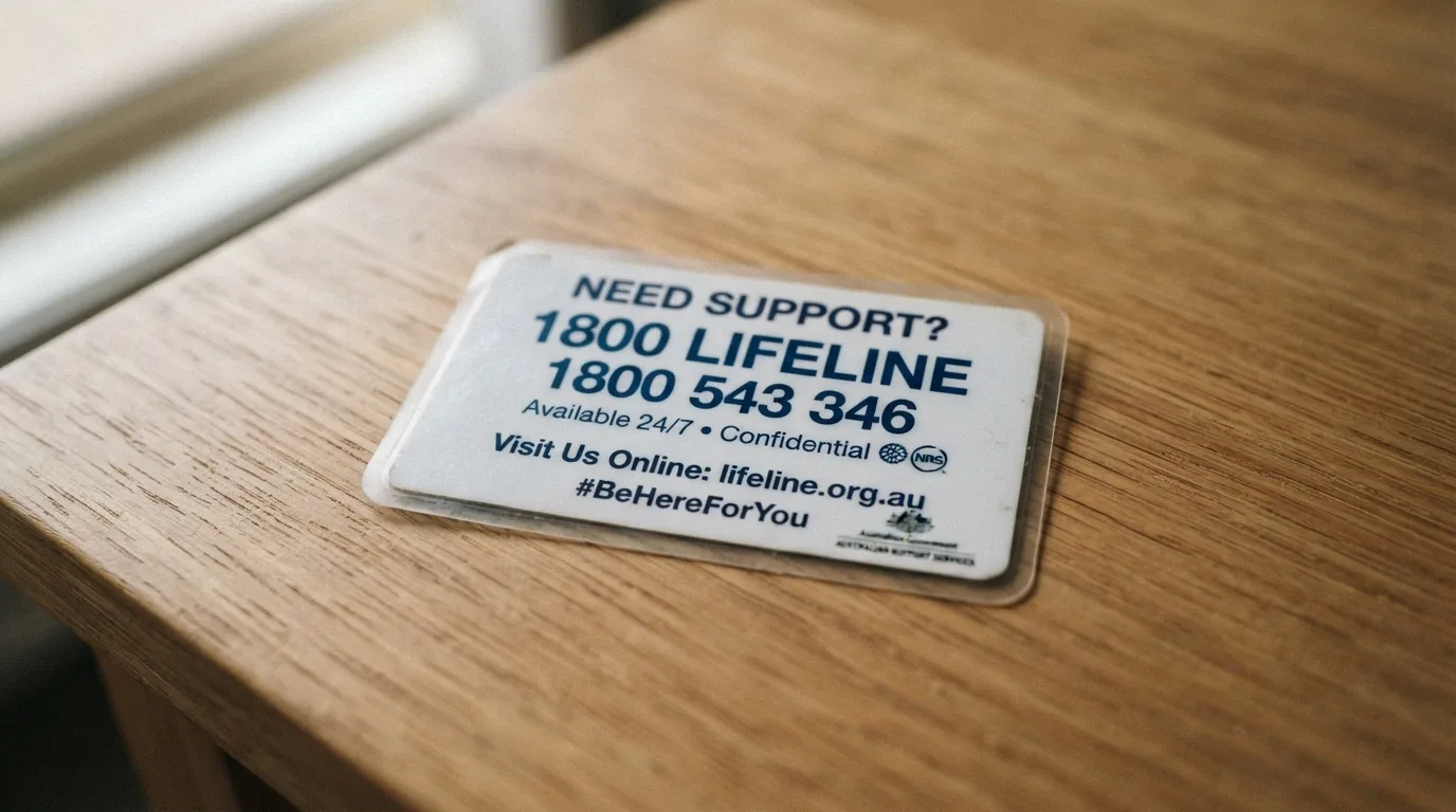 A close-up of a wallet card or phone screen showing the National Gambling Helpline number 1800 858 858 and the Gambling Help Online URL