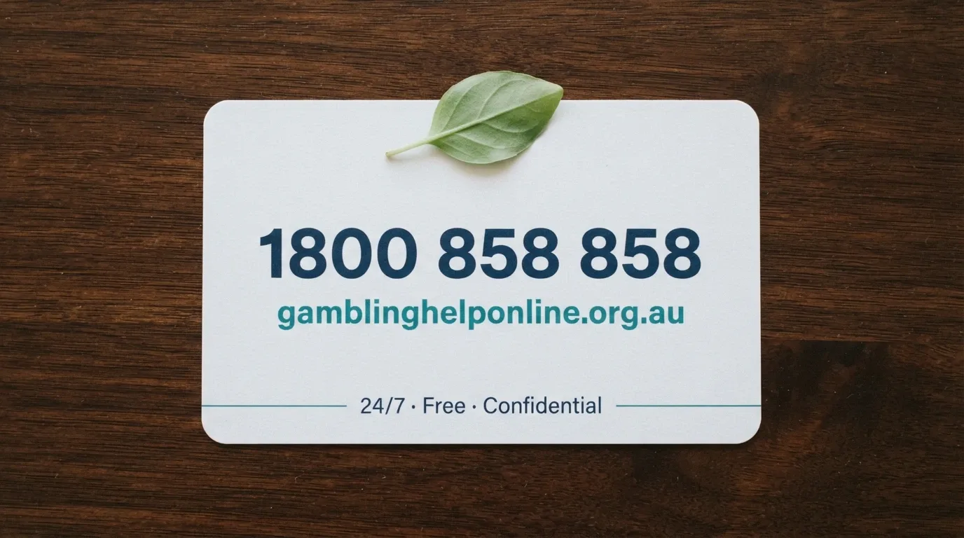 A clean, simple card design showing the 1800 858 858 number, gamblinghelponline.org.au URL and 24/7 availability