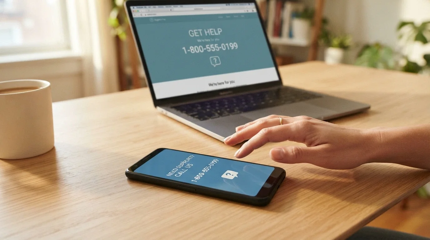 A hand reaching toward a phone on a desk, with a computer screen in the background showing the 1800 858 858 number and the Gambling Help Online logo