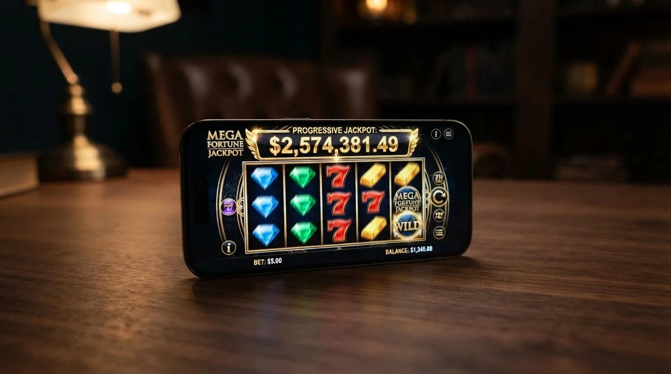 A smartphone or desktop screen showing a progressive-jackpot pokies title with a seven-figure jackpot counter displayed prominently above the reels