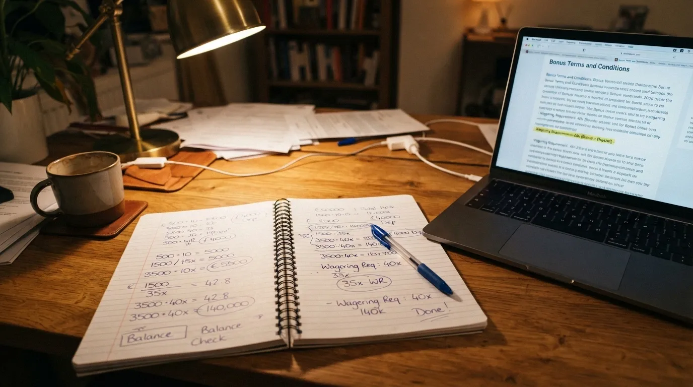 A calculator beside a casino bonus terms and conditions screen, with wagering maths scribbled on paper