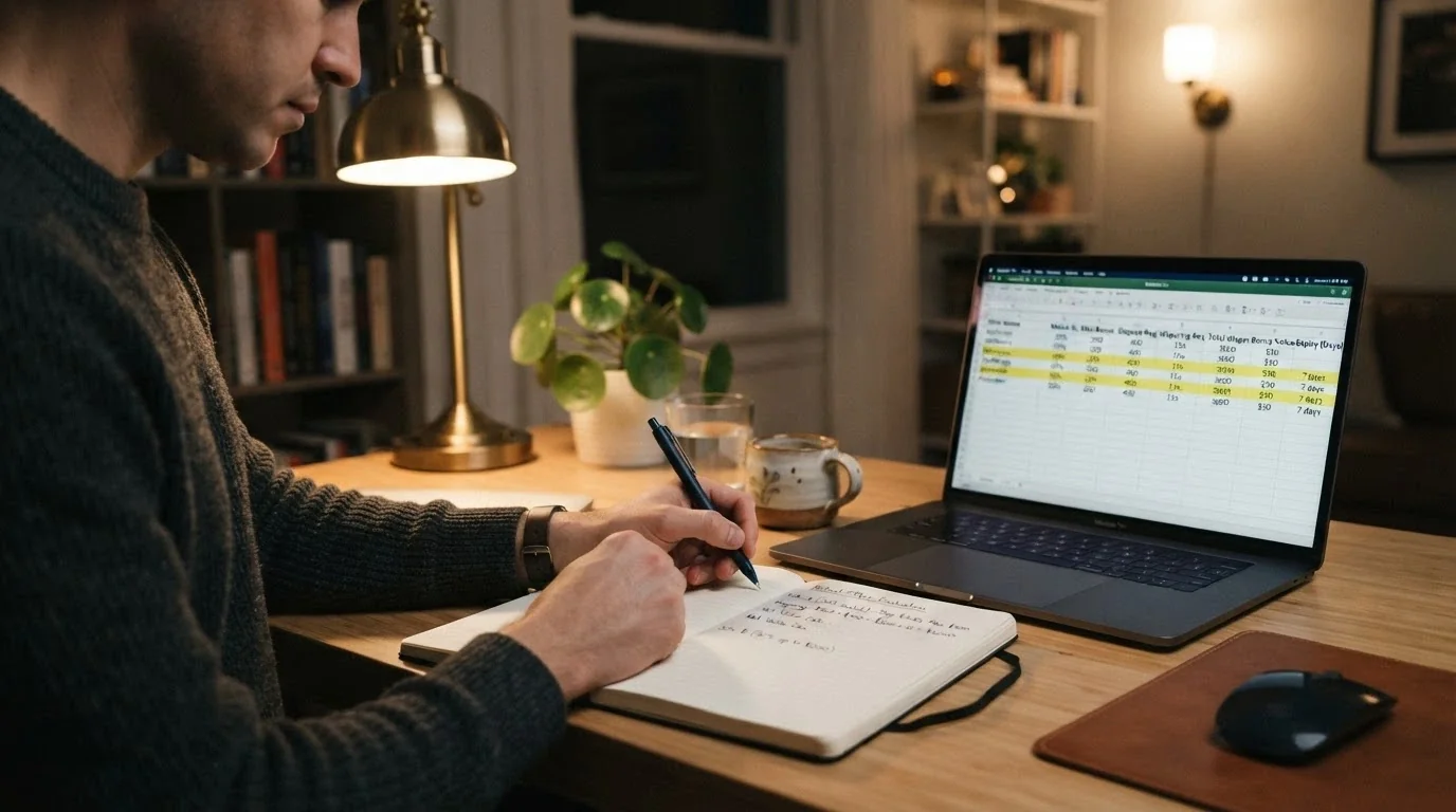 A desk with a notebook, calculator and laptop displaying a casino comparison spreadsheet with reload bonus terms highlighted