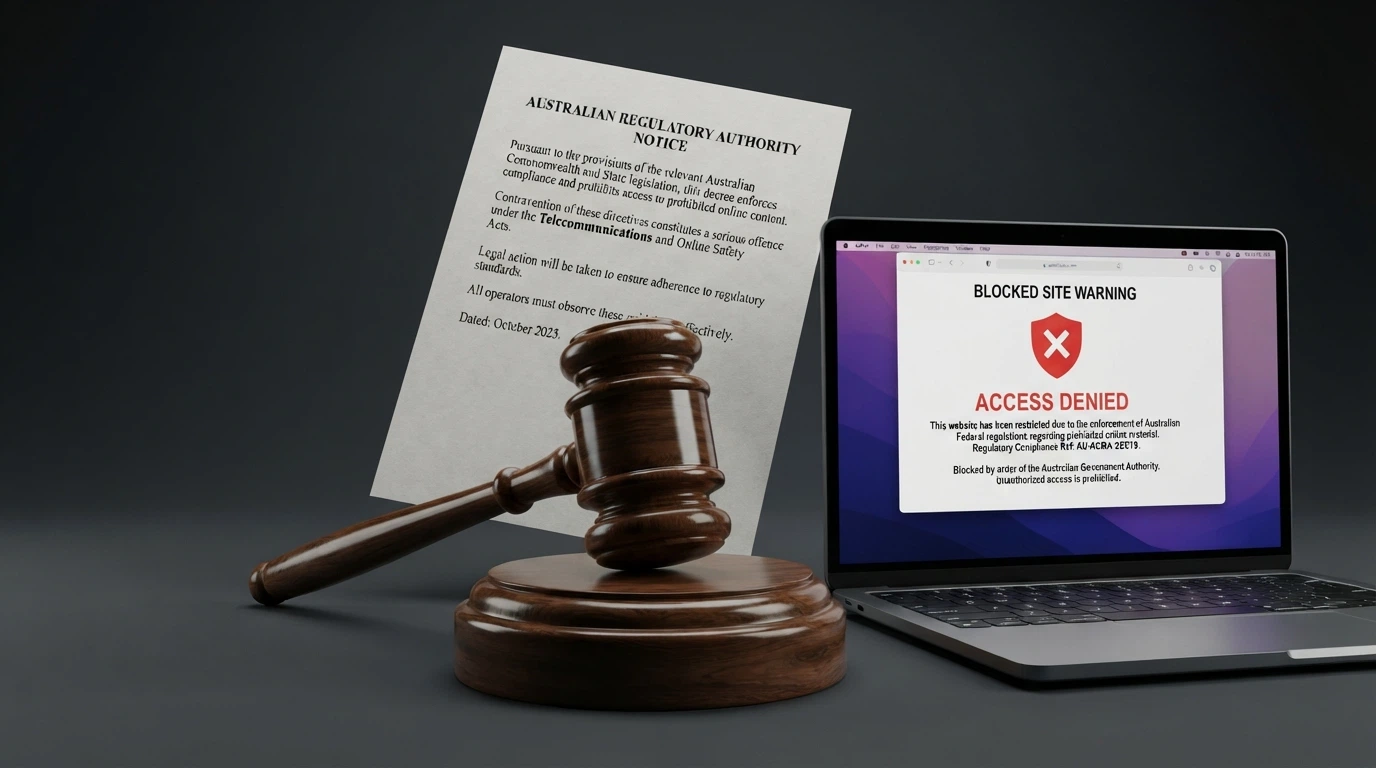 A stylised document or gavel visual alongside the ACMA logo and a blocked-site warning screen, conveying prohibition and enforcement