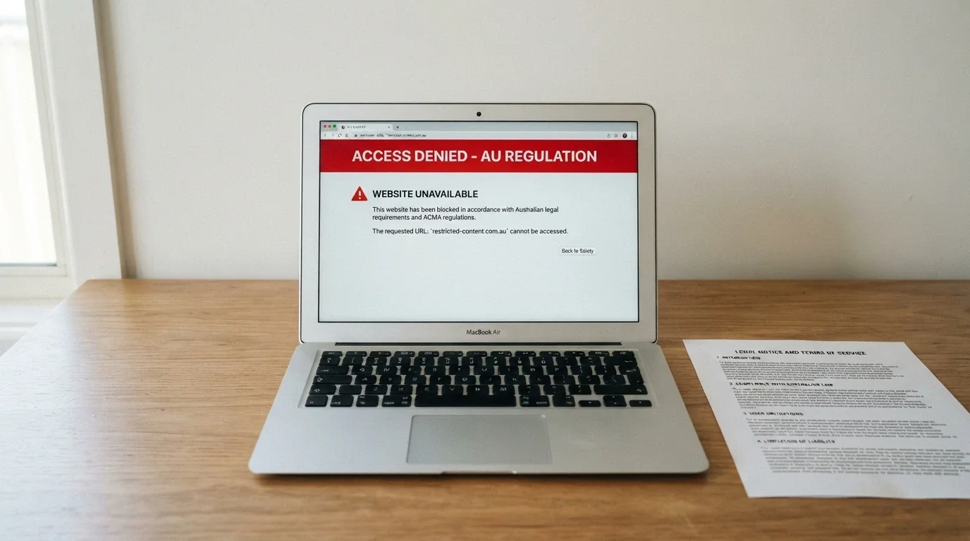 A close-up of Australian legal text beside a laptop screen showing an ACMA site-blocked notice