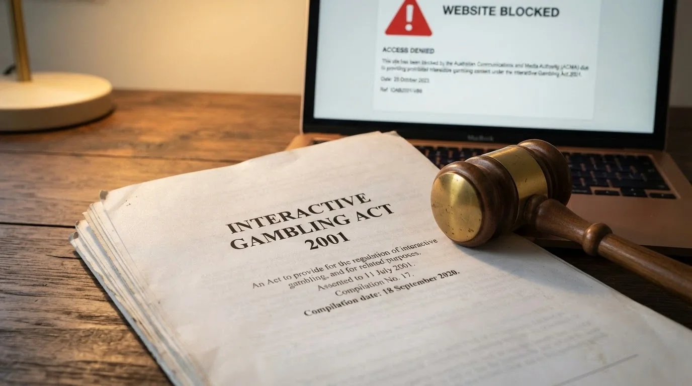 A close-up of the Interactive Gambling Act 2001 cover page with a gavel resting beside it, and a laptop screen in the background showing an ACMA site-blocked notice