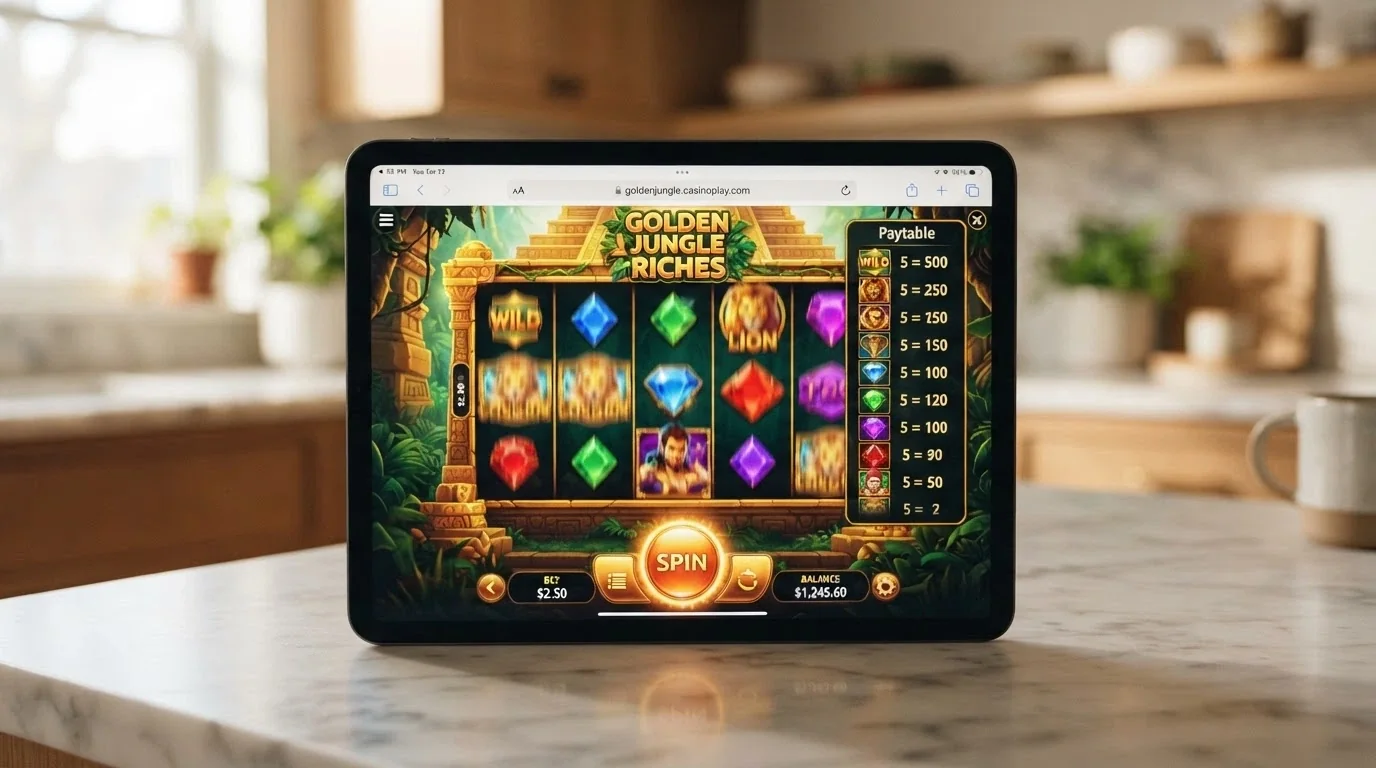 An iPad displaying a pokies game running inside the Safari browser with the touch-screen spin button prominent and the game's paytable visible