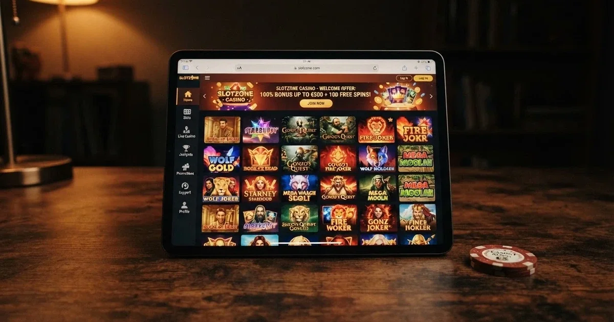 An iPad in landscape orientation showing a browser-based online casino lobby with pokies thumbnails, a touch-friendly navigation menu and a welcome-offer banner