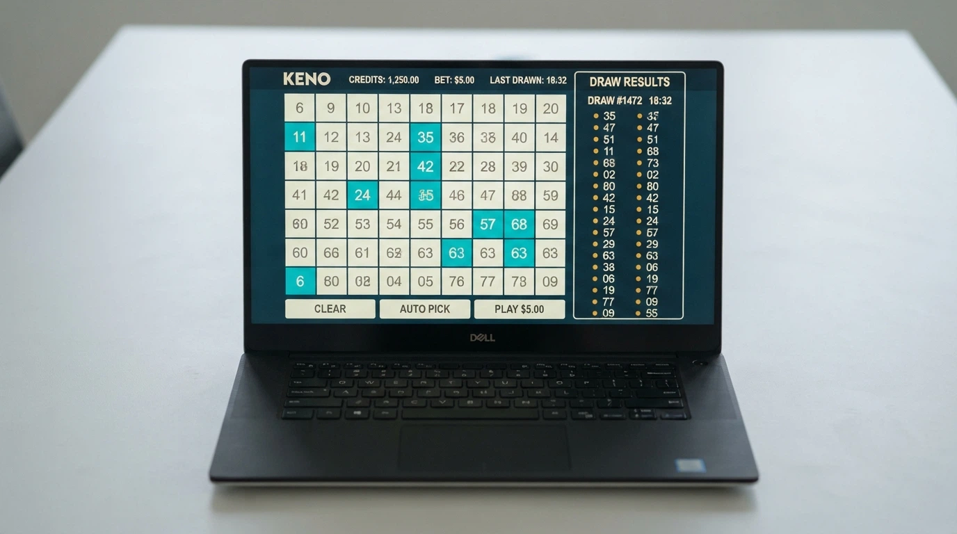 An online keno playing card showing 80 numbers in a grid with ten numbers selected and highlighted, a draw panel displaying the winning numbers alongside