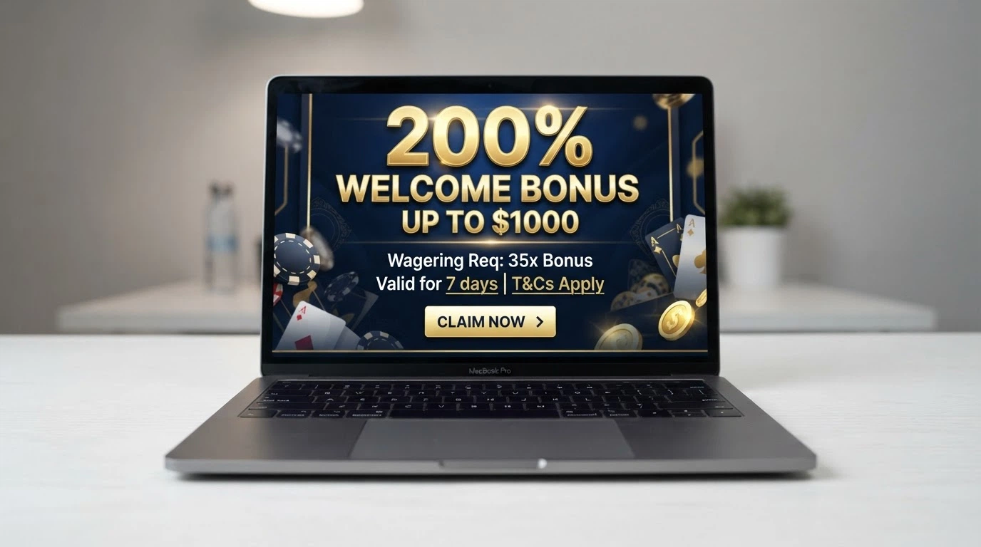 A promotional banner for an online casino welcome offer with a bonus percentage, a wagering-requirement multiplier and an expiry date highlighted