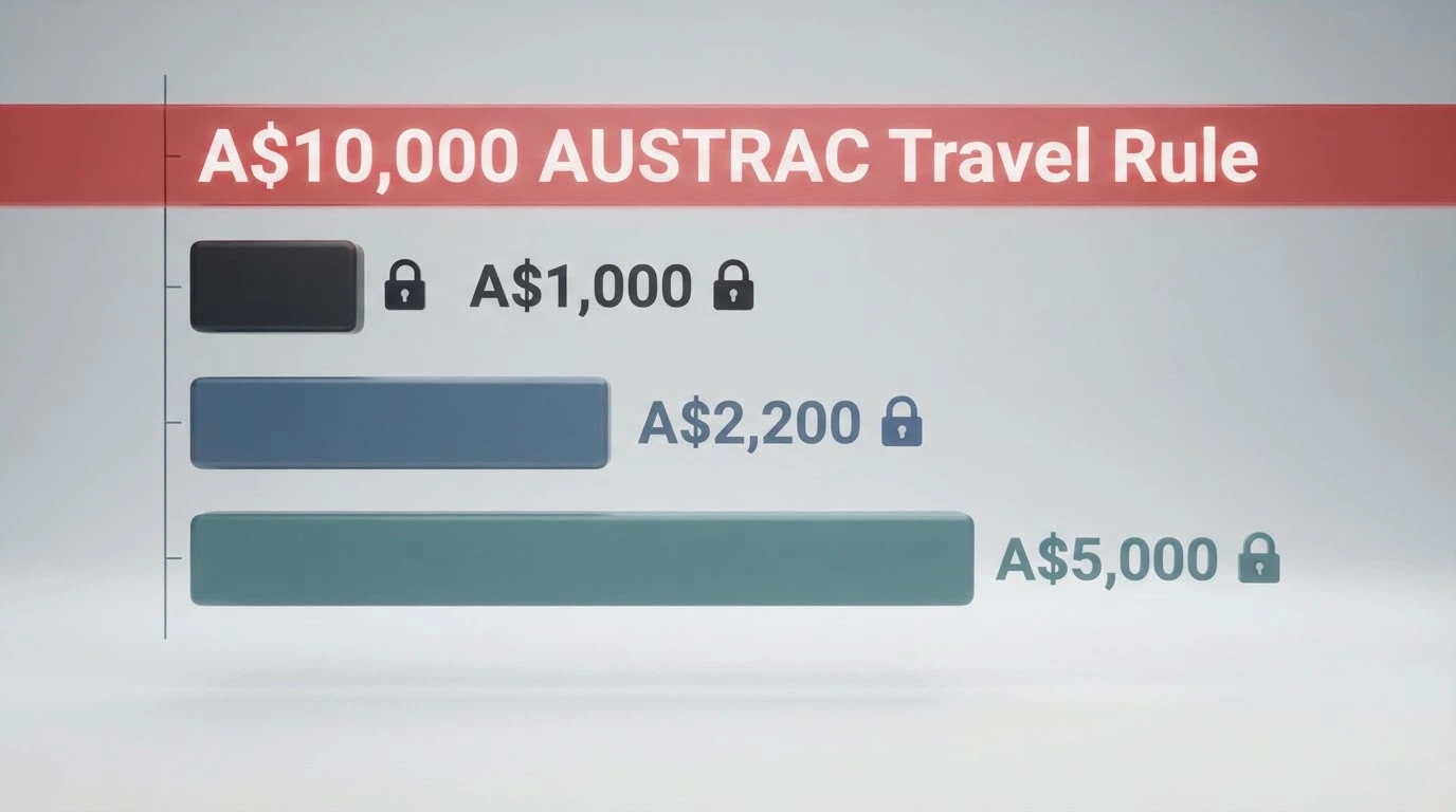 A horizontal bar chart with three bars at different withdrawal amounts — A$1,000, A$2,200 and A$5,000 — each marked with a KYC lock icon, and a red zone labelled “AUSTRAC Travel Rule” above A$10,000.