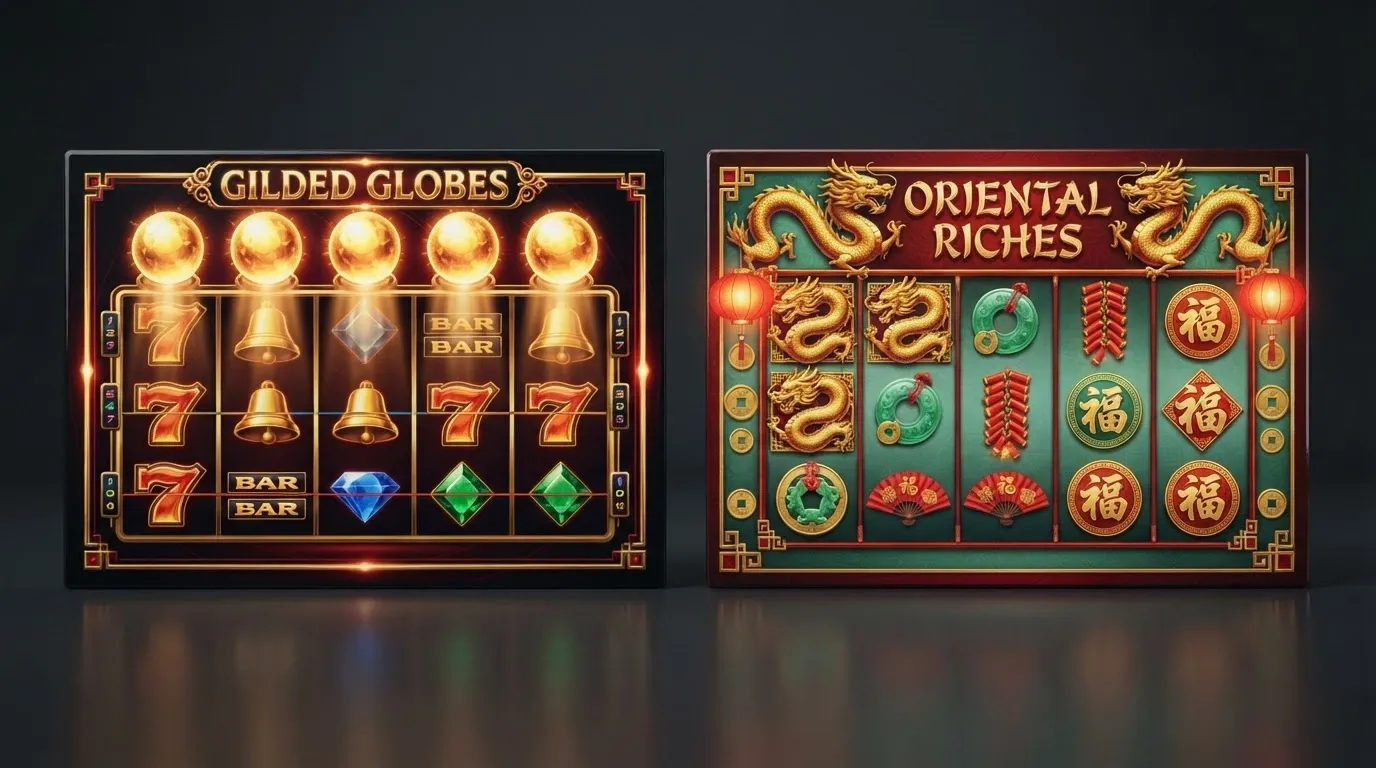 Two pokies title cards side by side — Lightning Link with its orb symbols and Dragon Link with its Asian-themed prosperity imagery