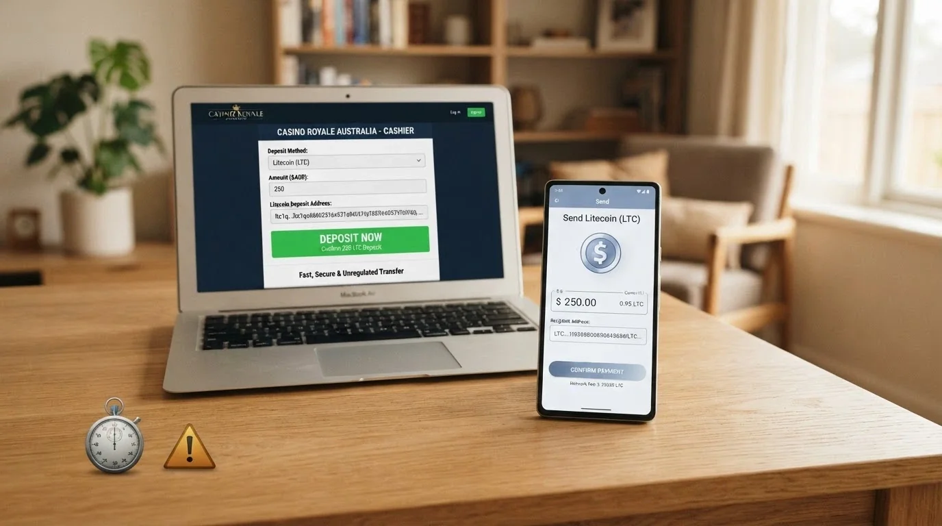 A smartphone showing a Litecoin wallet send screen beside a casino cashier page, with a stopwatch icon and a warning triangle