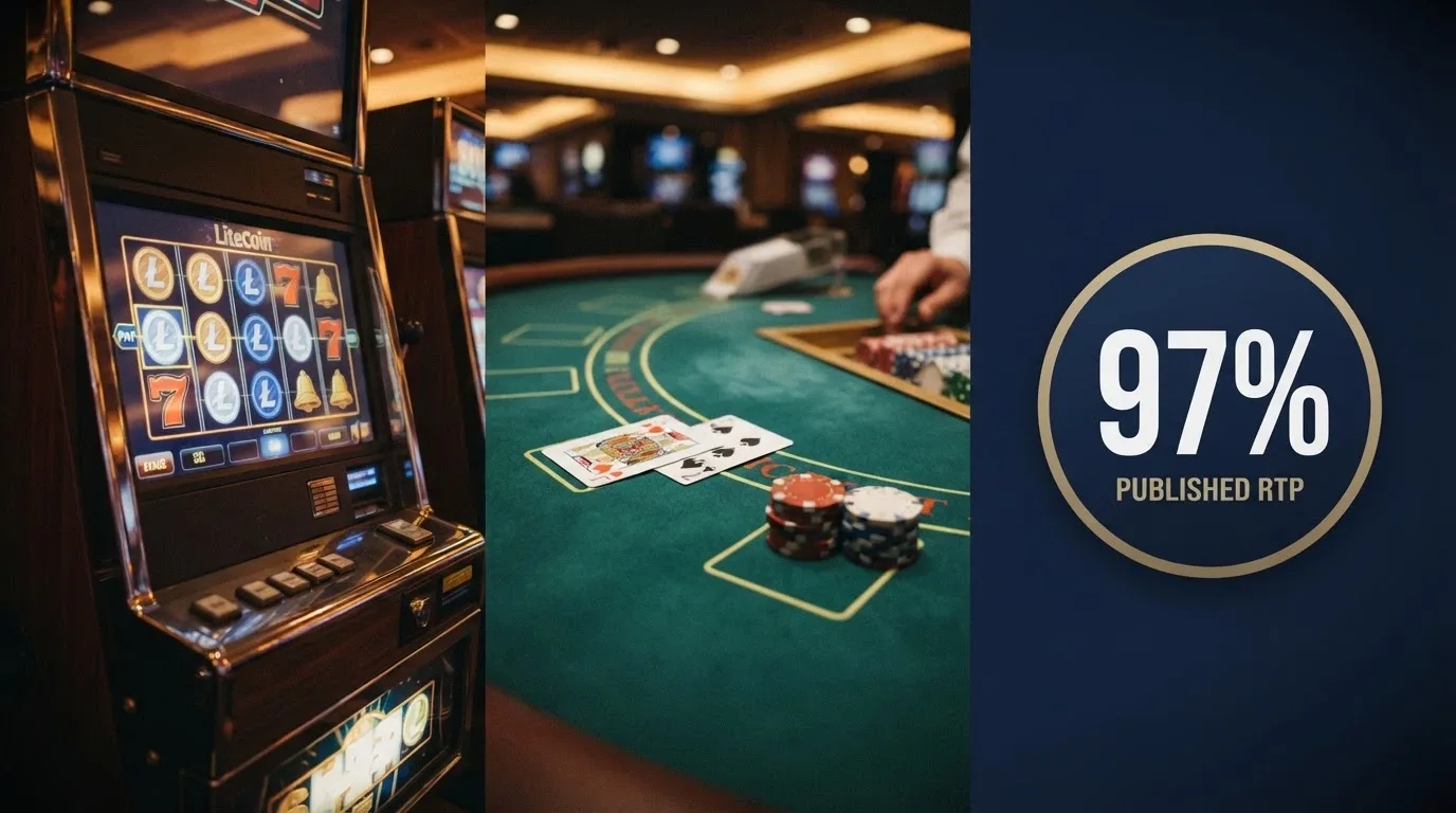 A three-panel composition: a pokies slot grid with LTC symbols, a live-dealer blackjack table with a dealer in frame, and a RTP percentage badge