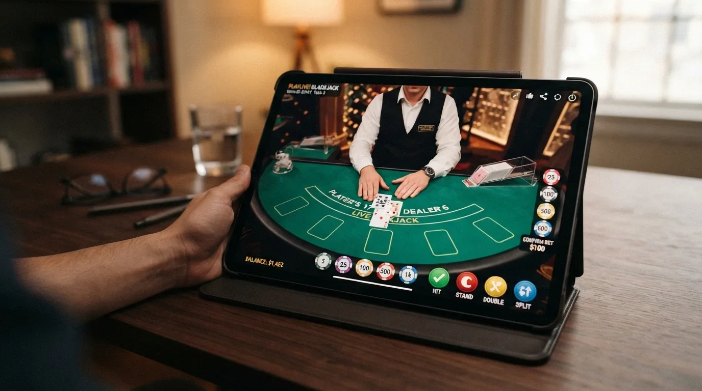 A live-dealer blackjack table streaming to an iPad screen with the touch-interface bet-position buttons overlaid on the felt