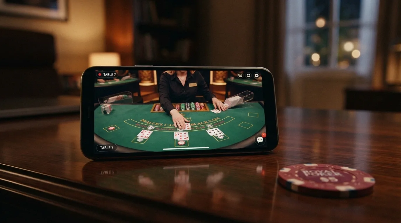 An iPhone in landscape mode showing a live blackjack table with a real dealer, chip-stack interface and chat window visible on screen