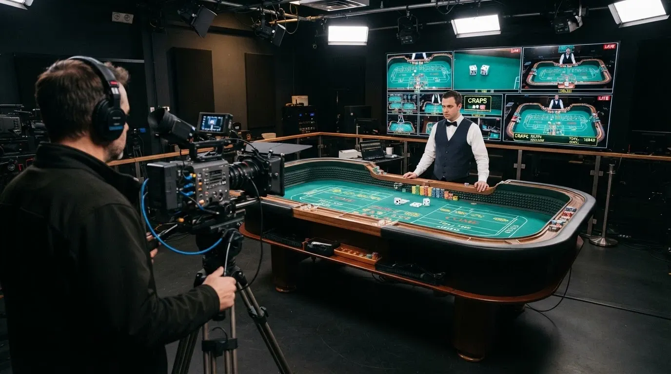 A live dealer craps studio with a real table, a dealer in a bow tie, and multiple camera angles visible on a monitor wall