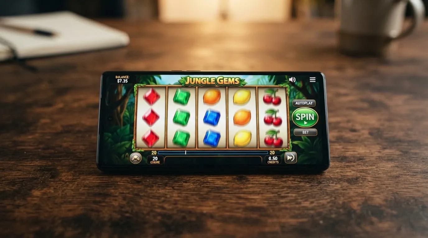 An online pokie game with the reels spinning and a balance display showing a small remaining amount after several A$0.10 spins