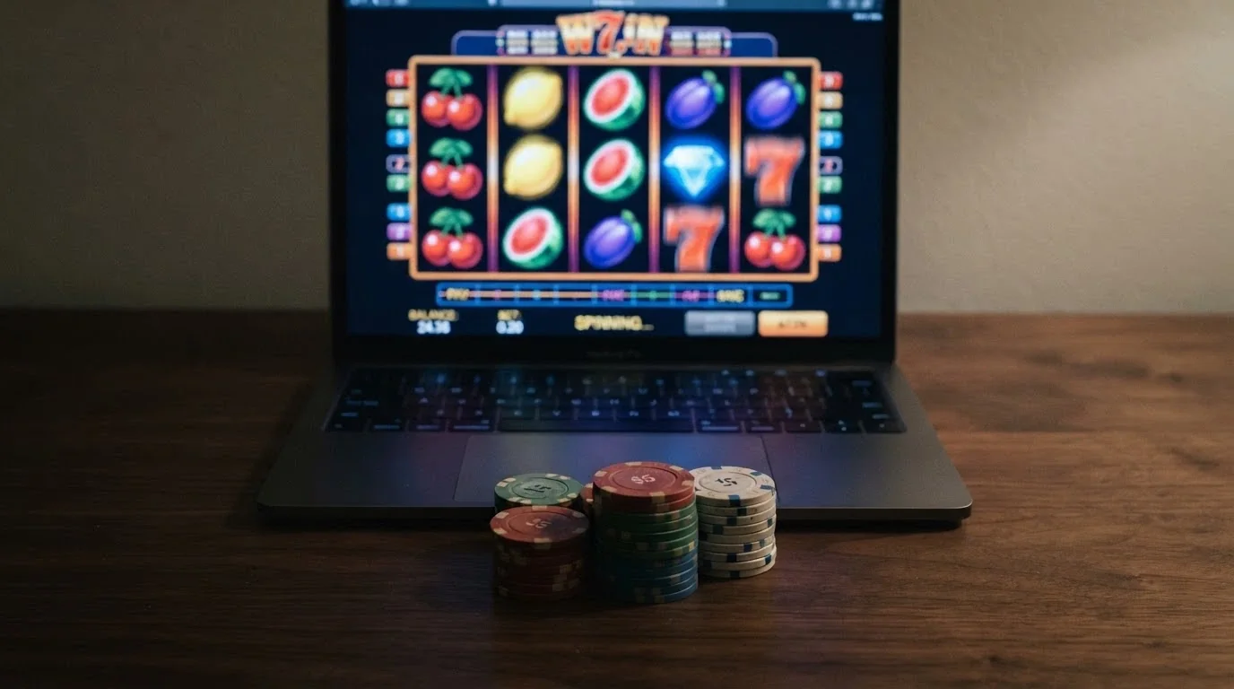 Online pokies reels on a laptop screen with a coin stack showing small denominations