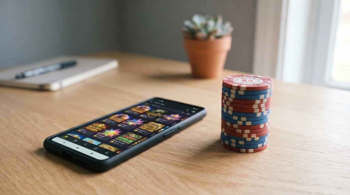 A stack of Australian ten-dollar notes on a desk beside a smartphone showing a pokies lobby with slot thumbnails