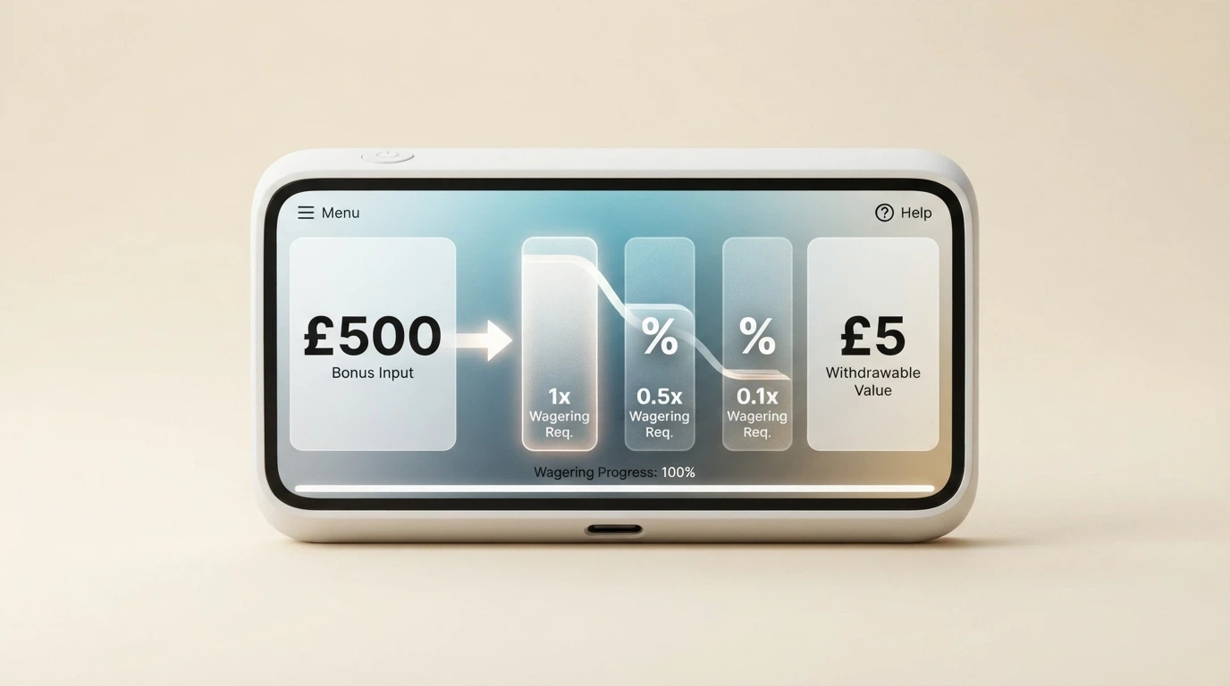 A calculator-style visual showing a bonus amount feeding through a wagering-multiple filter, with a reduced final balance displayed on the other side