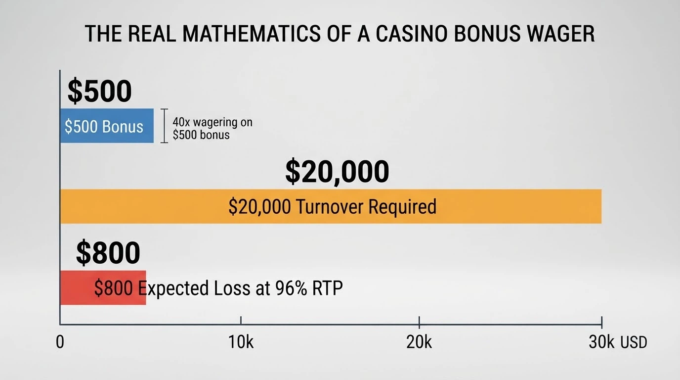 A close-up of a casino bonus terms pop-up with the wagering multiplier and turnover amount highlighted, next to a calculator showing the dollar figure